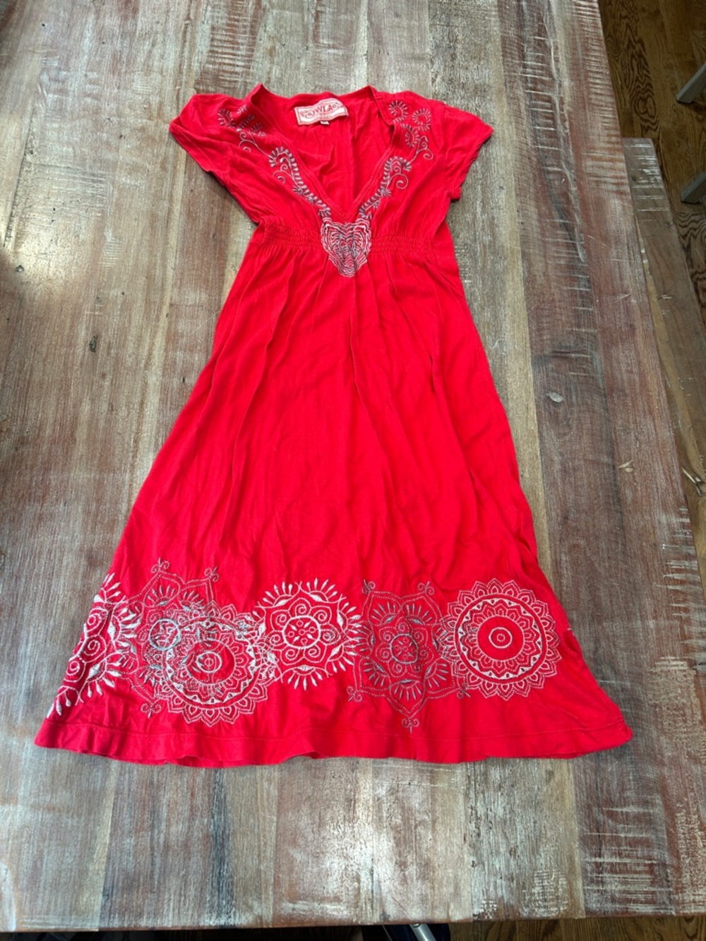 Vintage JWLA Berry Red Embroidered V-Neck T-Shirt Dress
